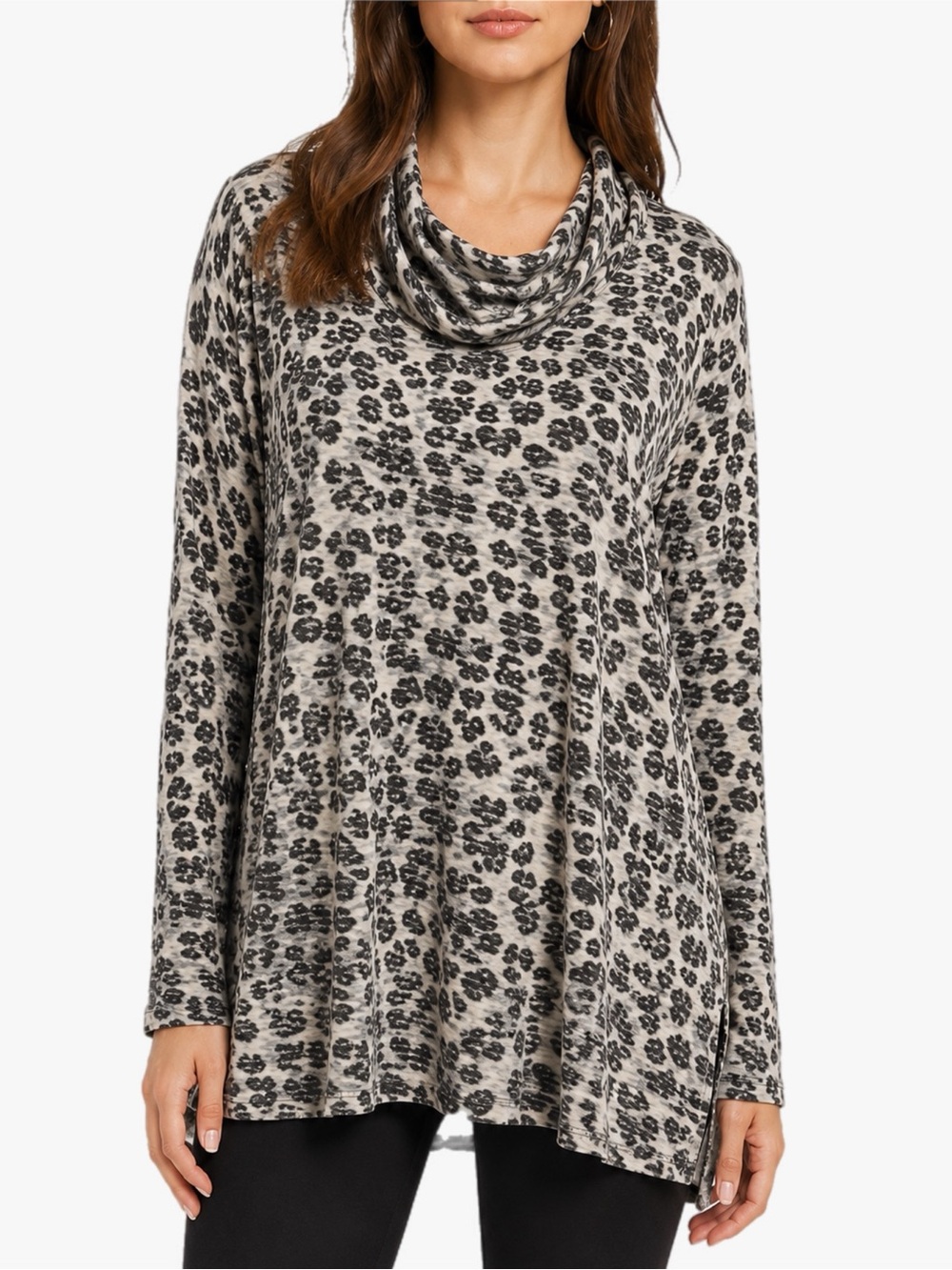 NWT New Directions Women’s Medium Leopard Print Cowl Neck Tunic Top Long Sleeve